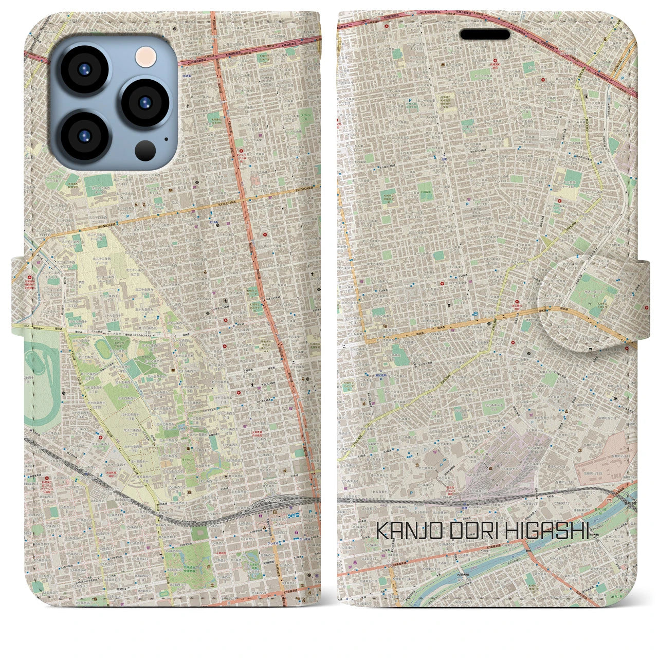 【環状通東(北海道)】地図柄iPhoneケース(手帳タイプ)ナチュラル・iPhone 13 Pro Max 用
