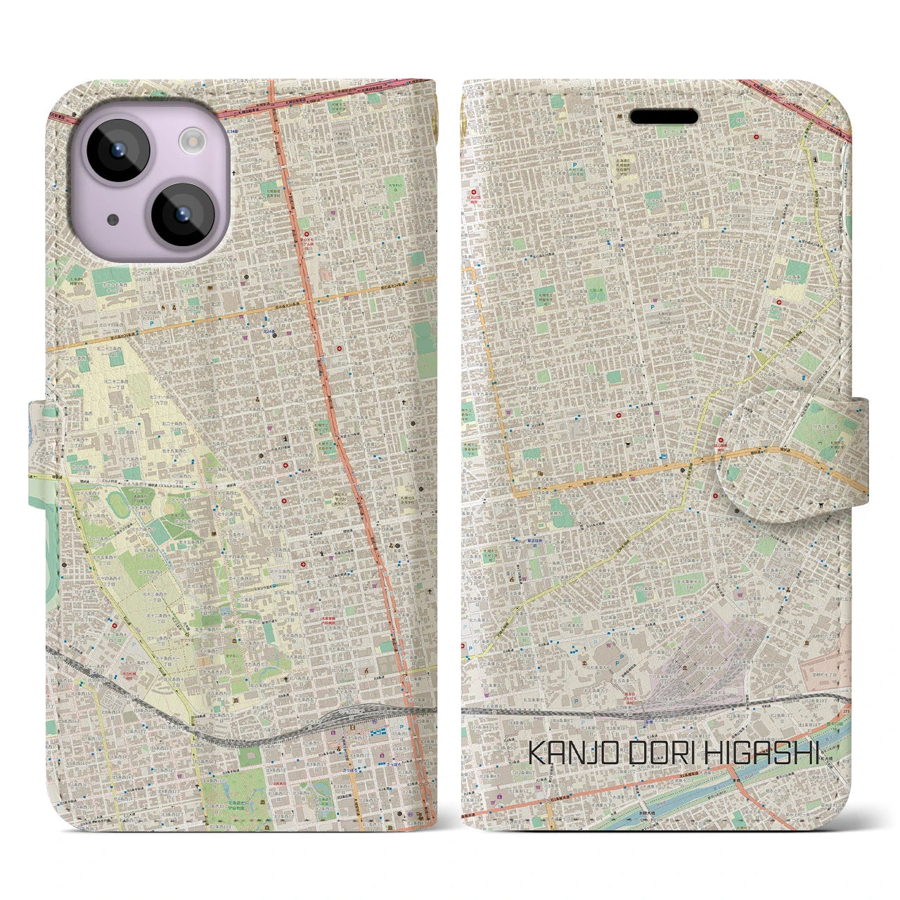 【環状通東(北海道)】地図柄iPhoneケース(手帳タイプ)ナチュラル・iPhone 14 用