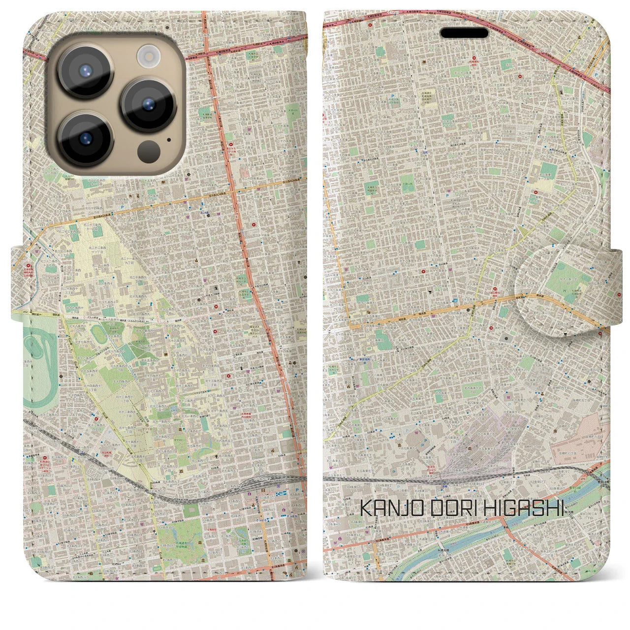 【環状通東(北海道)】地図柄iPhoneケース(手帳タイプ)ナチュラル・iPhone 14 Pro Max 用