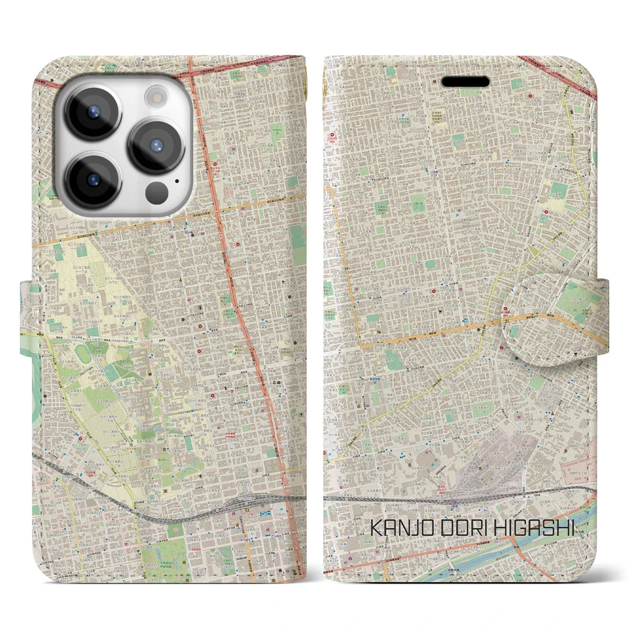 【環状通東(北海道)】地図柄iPhoneケース(手帳タイプ)ナチュラル・iPhone 14 Pro 用