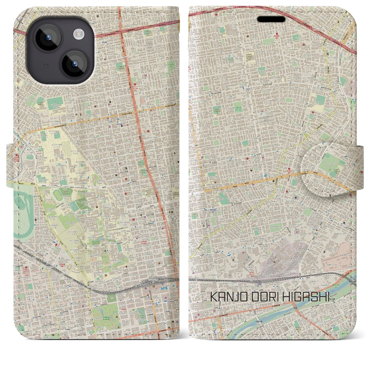 【環状通東(北海道)】地図柄iPhoneケース(手帳タイプ)ナチュラル・iPhone 14 Plus 用