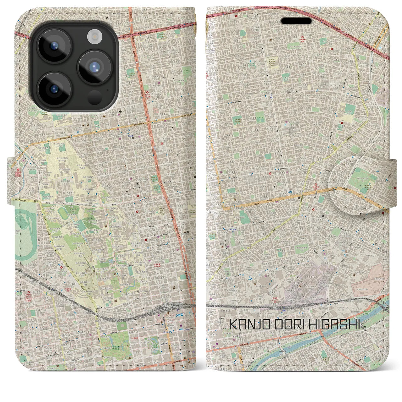 【環状通東(北海道)】地図柄iPhoneケース(手帳タイプ)ナチュラル・iPhone 15 Pro Max 用