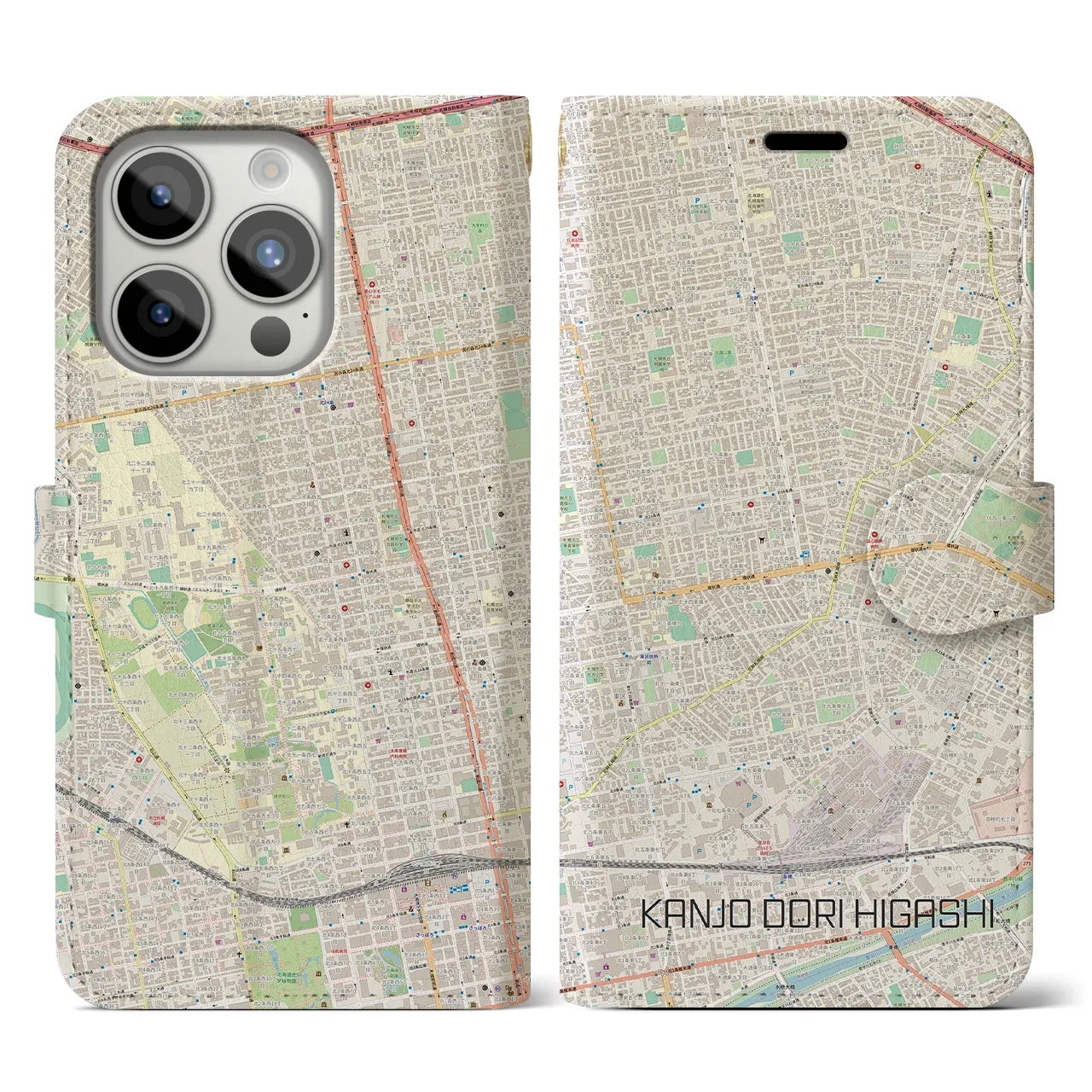 【環状通東(北海道)】地図柄iPhoneケース(手帳タイプ)ナチュラル・iPhone 15 Pro 用