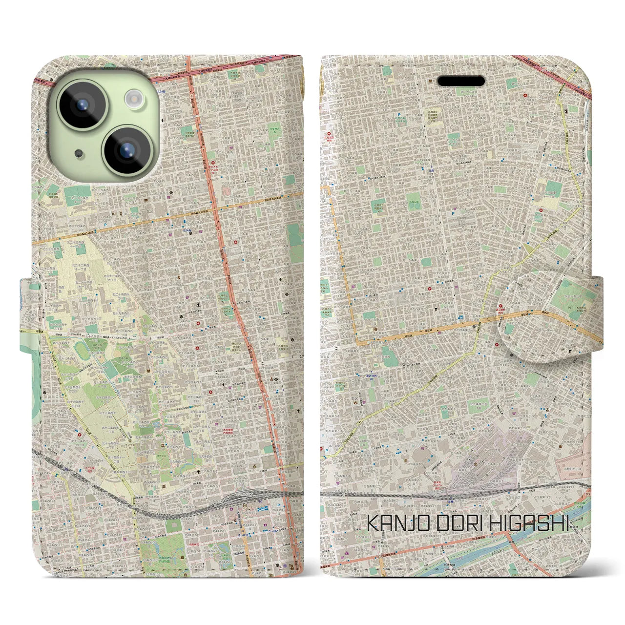 【環状通東(北海道)】地図柄iPhoneケース(手帳タイプ)ナチュラル・iPhone 15 用