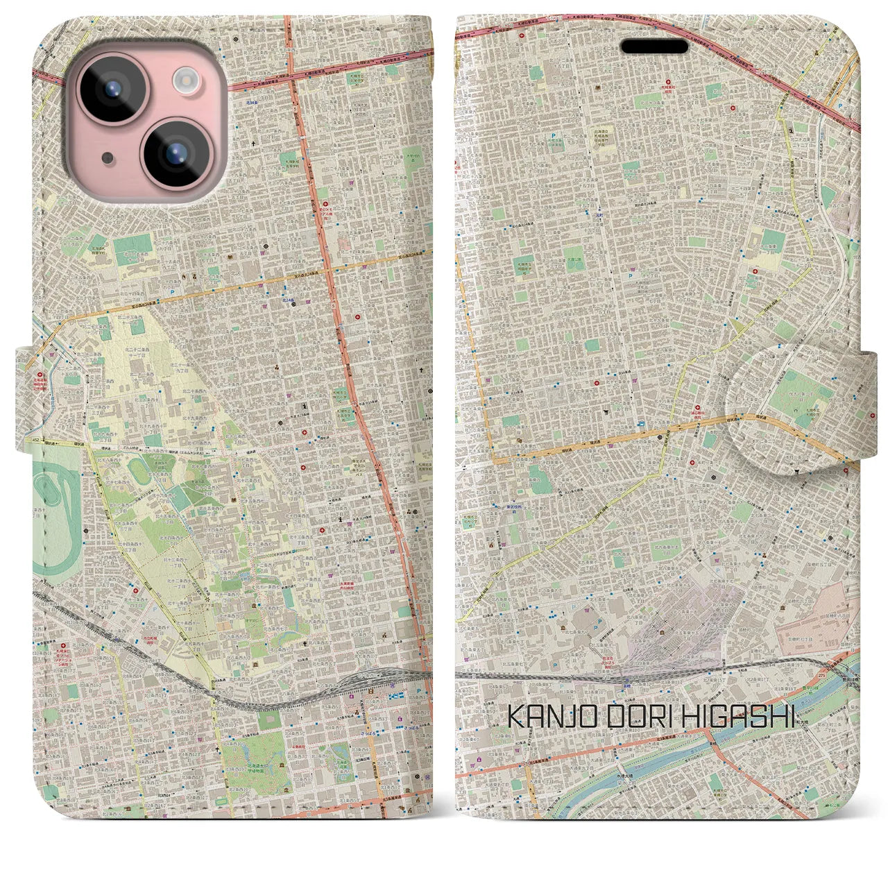 【環状通東(北海道)】地図柄iPhoneケース(手帳タイプ)ナチュラル・iPhone 15 Plus 用
