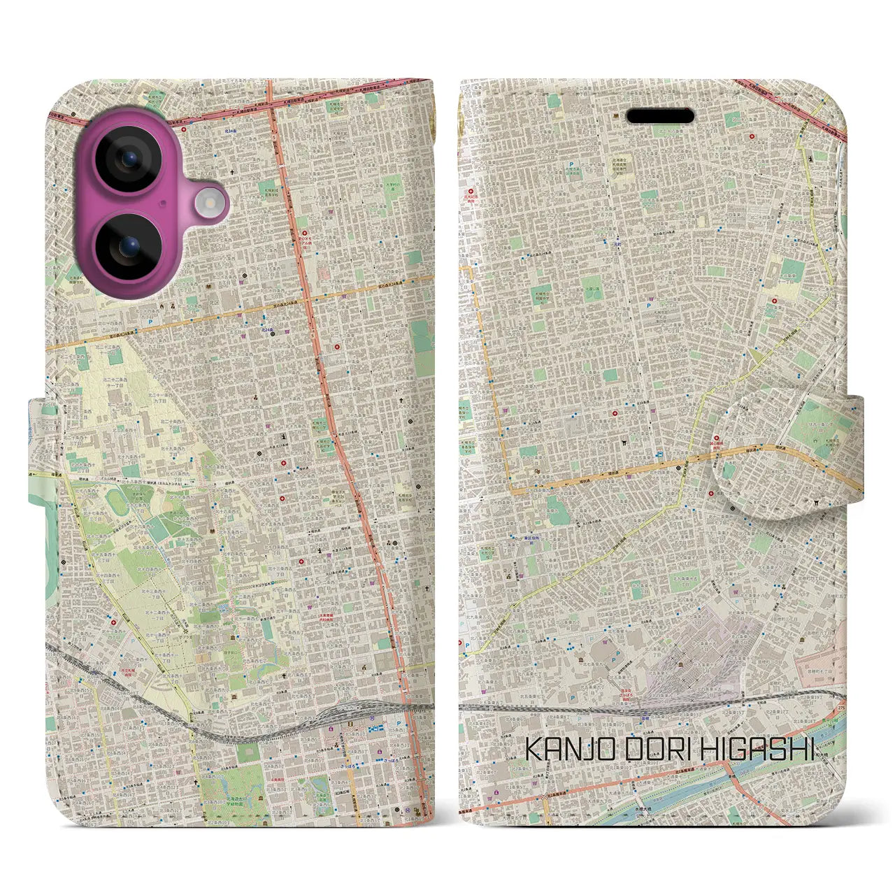 【環状通東(北海道)】地図柄iPhoneケース(手帳タイプ)ナチュラル・iPhone 16 Pro 用