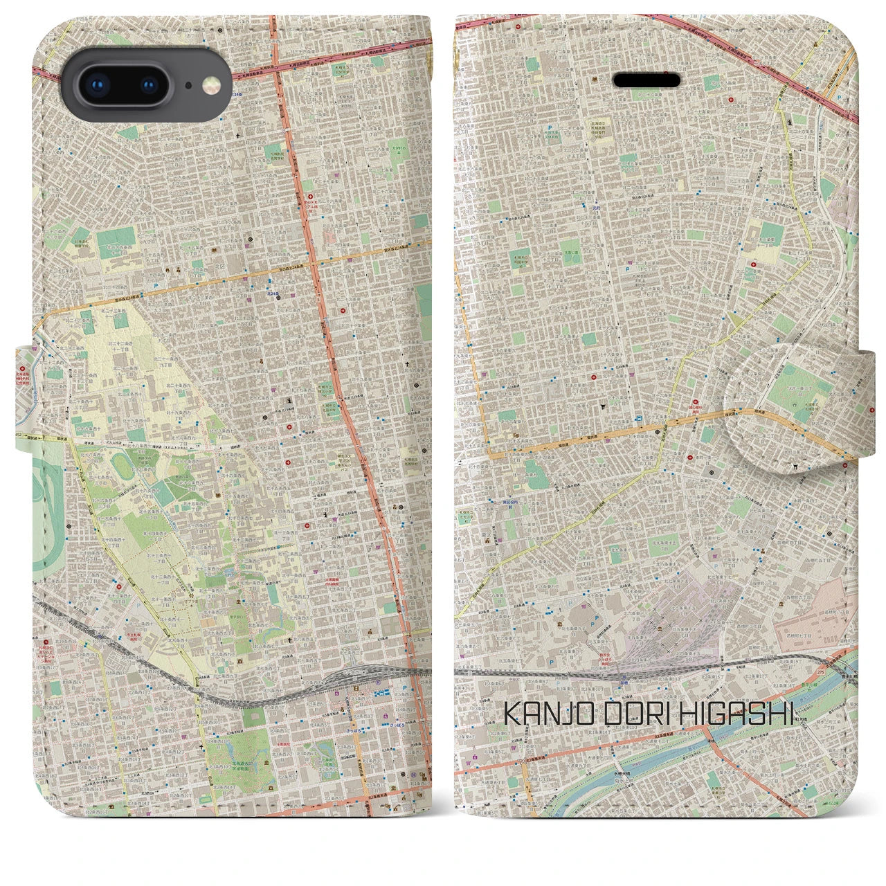 【環状通東(北海道)】地図柄iPhoneケース(手帳タイプ)ナチュラル・iPhone 8Plus /7Plus / 6sPlus / 6Plus 用