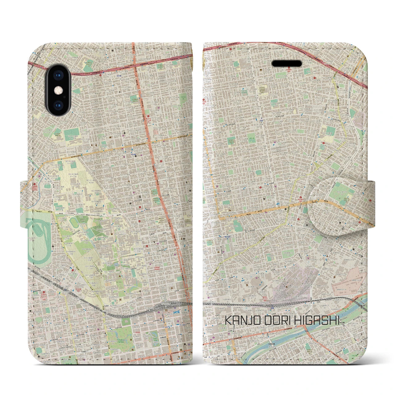【環状通東(北海道)】地図柄iPhoneケース(手帳タイプ)ナチュラル・iPhone XS / X 用