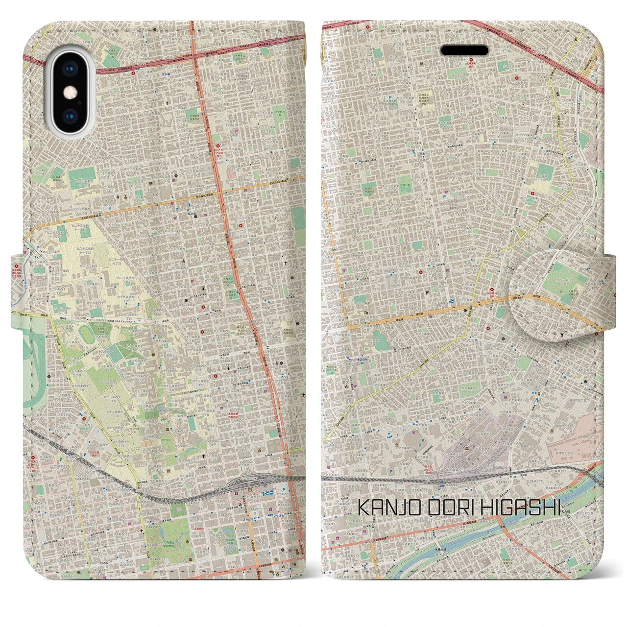 【環状通東(北海道)】地図柄iPhoneケース(手帳タイプ)ナチュラル・iPhone XS Max 用
