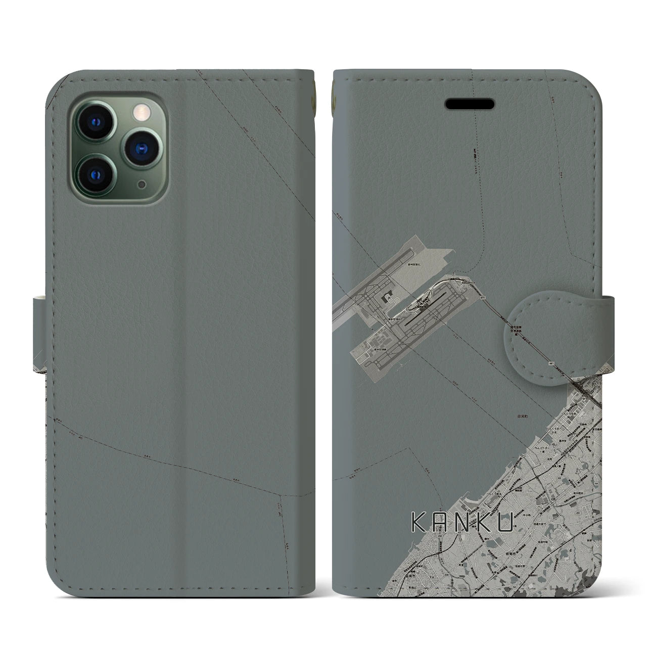 【関空(大阪府)】地図柄iPhoneケース(手帳タイプ)モノトーン・iPhone 11 Pro 用