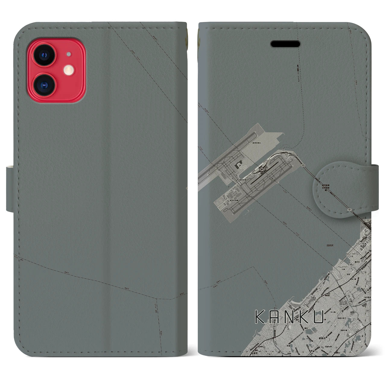 【関空(大阪府)】地図柄iPhoneケース(手帳タイプ)モノトーン・iPhone 11 用