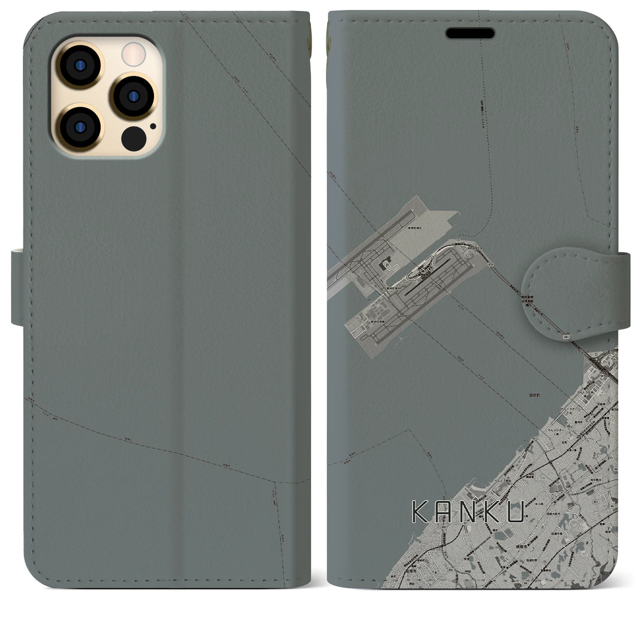 【関空(大阪府)】地図柄iPhoneケース(手帳タイプ)モノトーン・iPhone 12 Pro Max 用