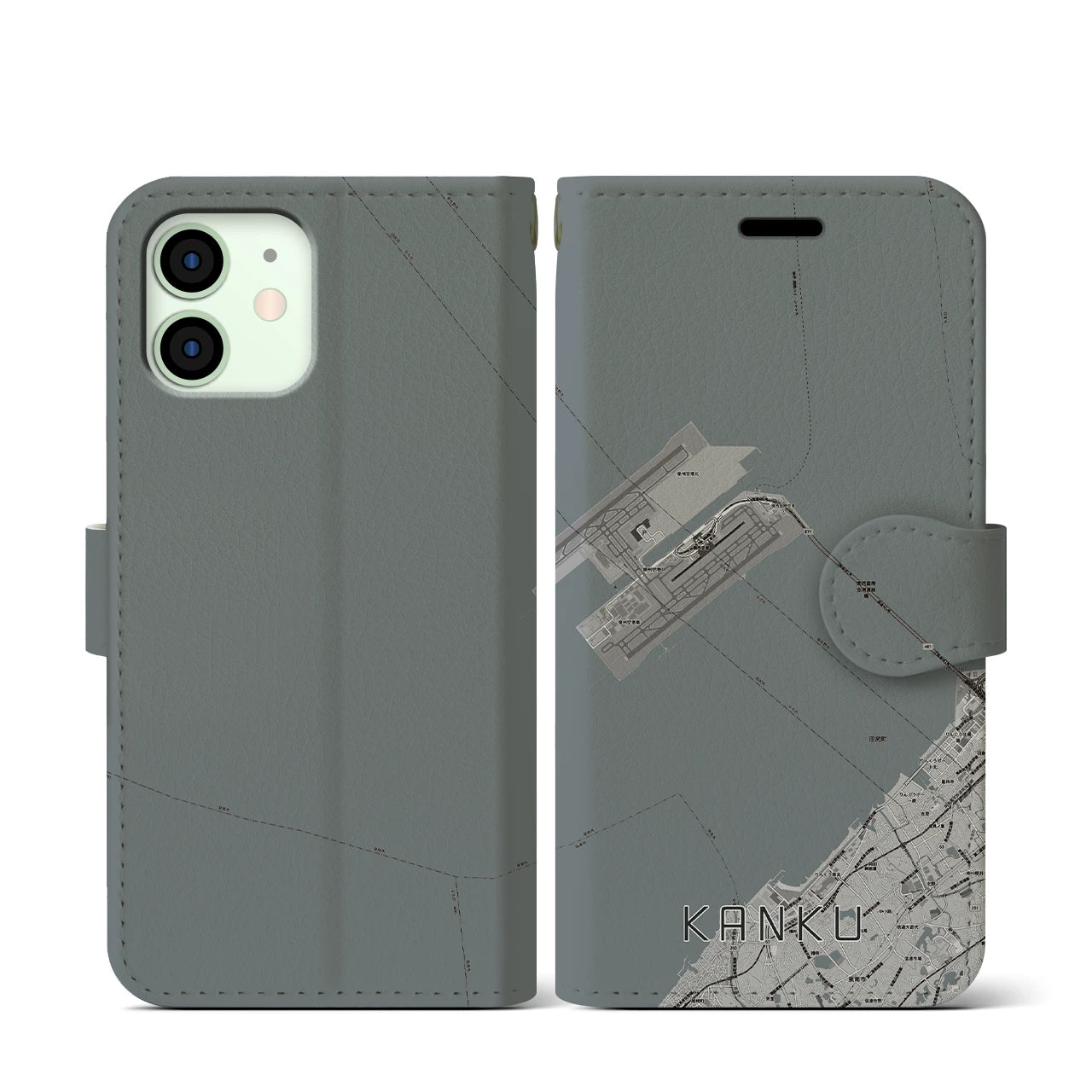 【関空(大阪府)】地図柄iPhoneケース(手帳タイプ)モノトーン・iPhone 12 mini 用