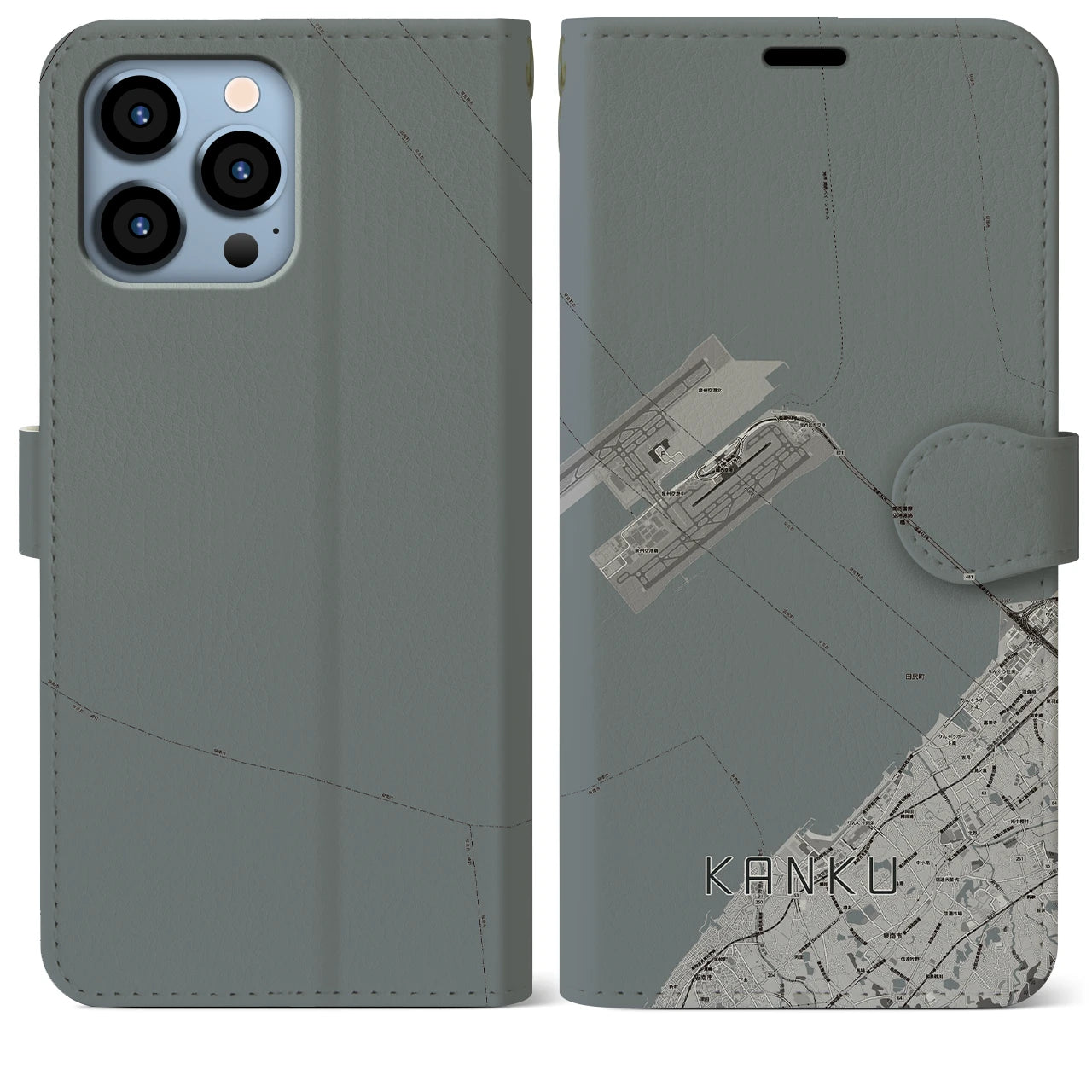 【関空(大阪府)】地図柄iPhoneケース(手帳タイプ)モノトーン・iPhone 13 Pro Max 用