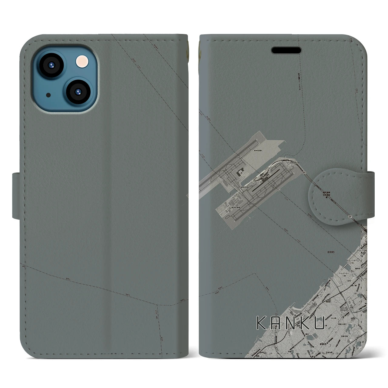 【関空(大阪府)】地図柄iPhoneケース(手帳タイプ)モノトーン・iPhone 13 用