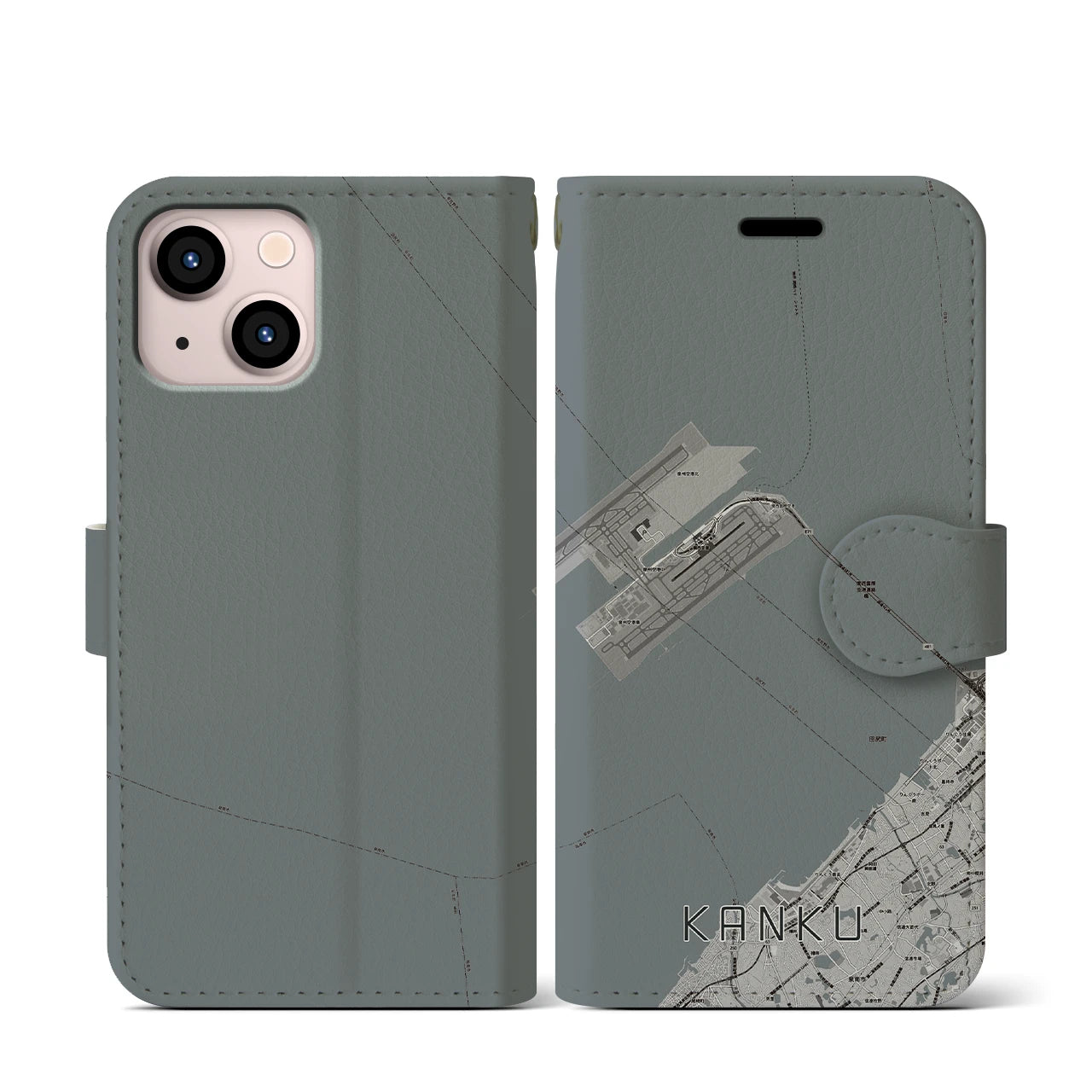 【関空(大阪府)】地図柄iPhoneケース(手帳タイプ)モノトーン・iPhone 13 mini 用