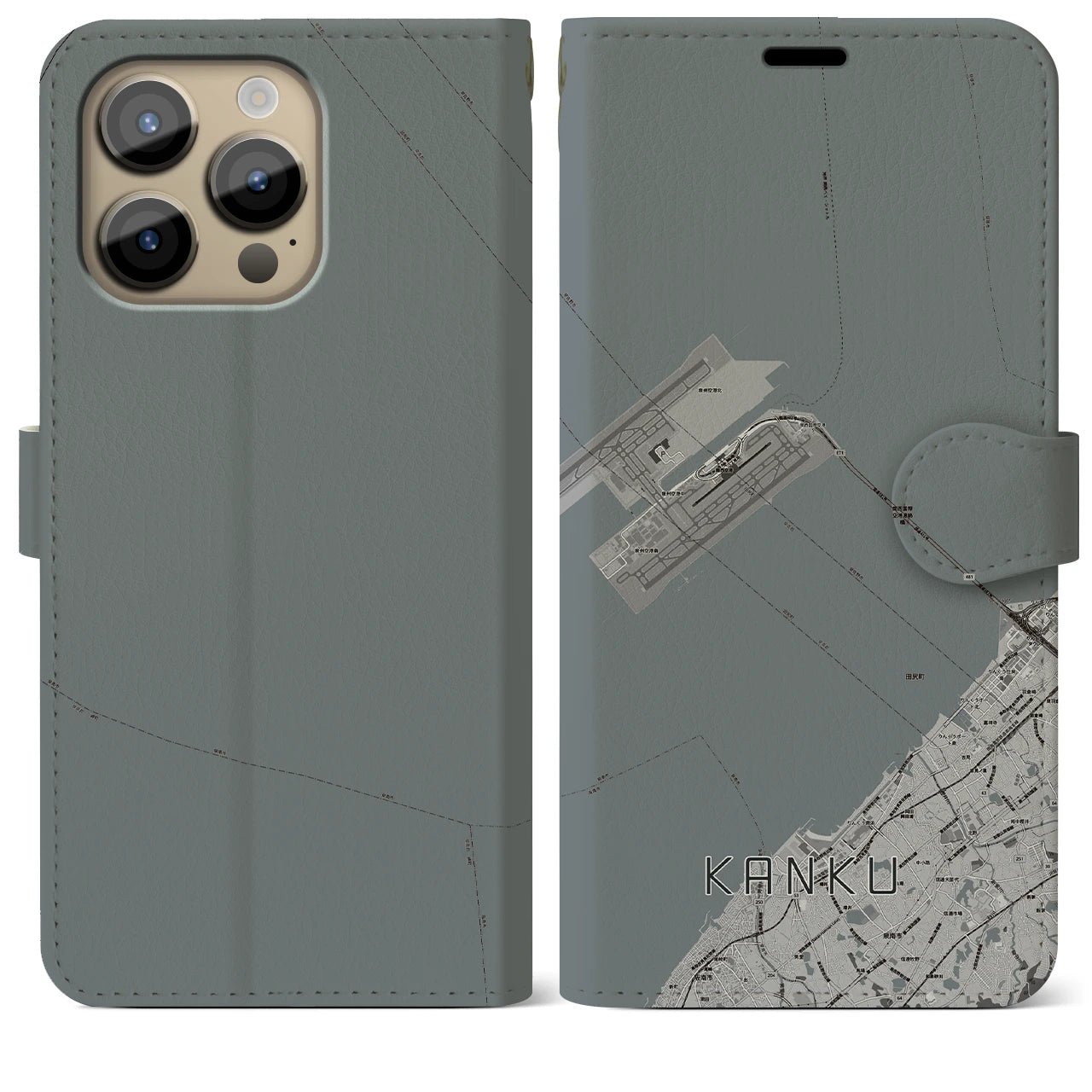 【関空(大阪府)】地図柄iPhoneケース(手帳タイプ)モノトーン・iPhone 14 Pro Max 用