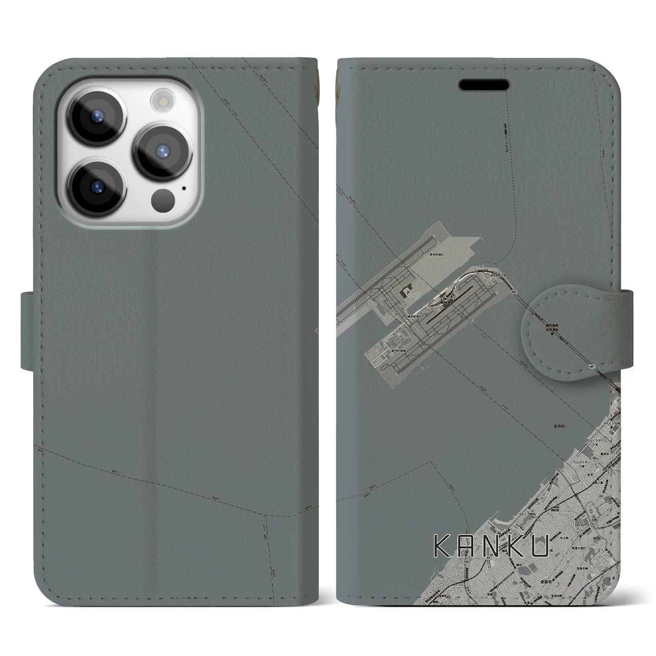 【関空(大阪府)】地図柄iPhoneケース(手帳タイプ)モノトーン・iPhone 14 Pro 用