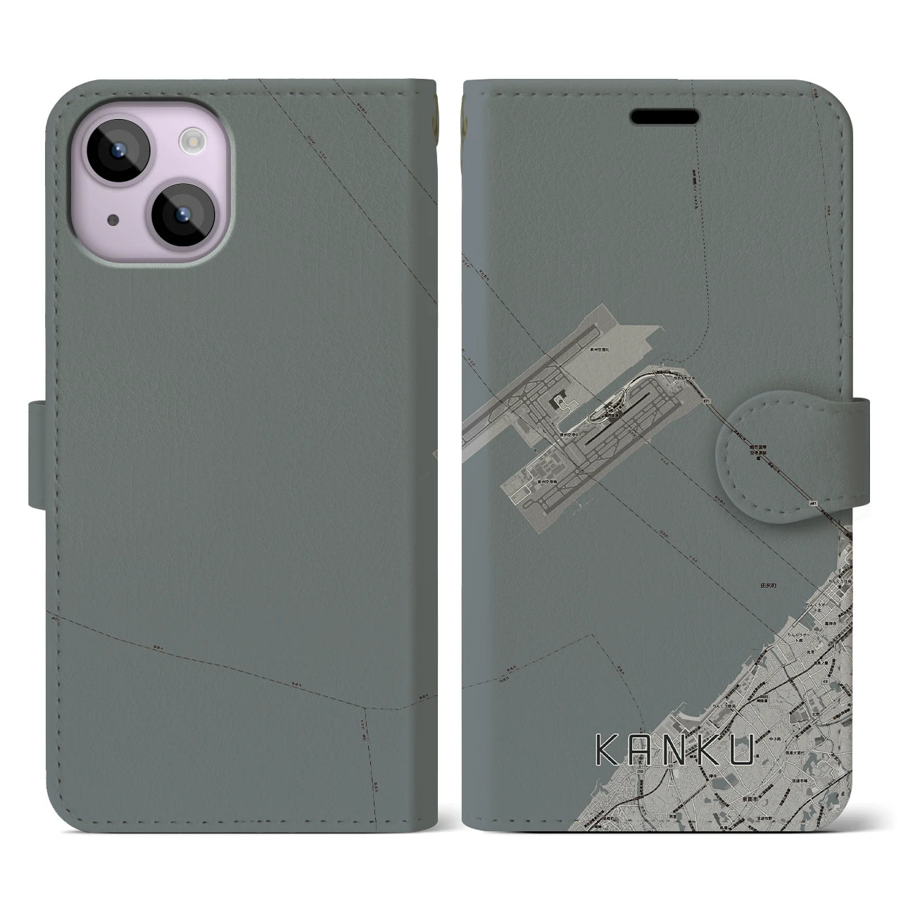 【関空(大阪府)】地図柄iPhoneケース(手帳タイプ)モノトーン・iPhone 14 用