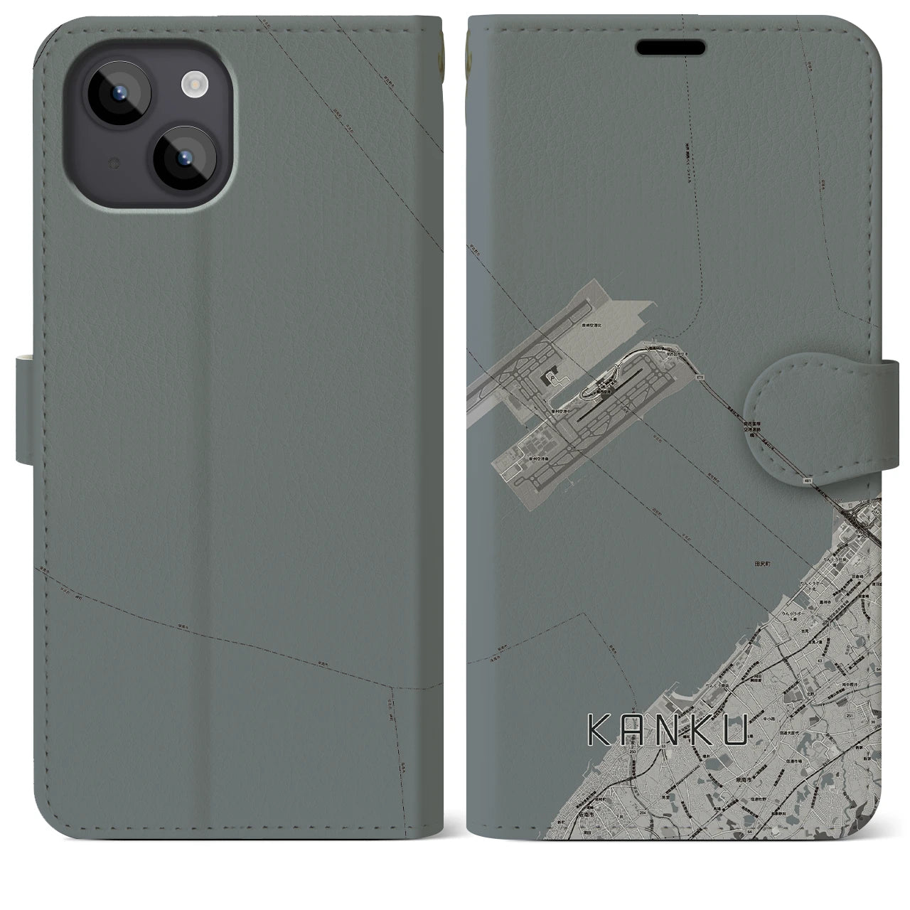 【関空(大阪府)】地図柄iPhoneケース(手帳タイプ)モノトーン・iPhone 14 Plus 用