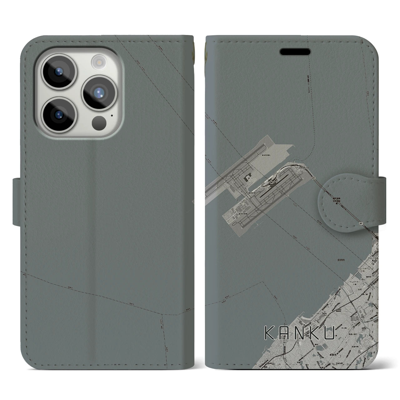 【関空(大阪府)】地図柄iPhoneケース(手帳タイプ)モノトーン・iPhone 15 Pro 用