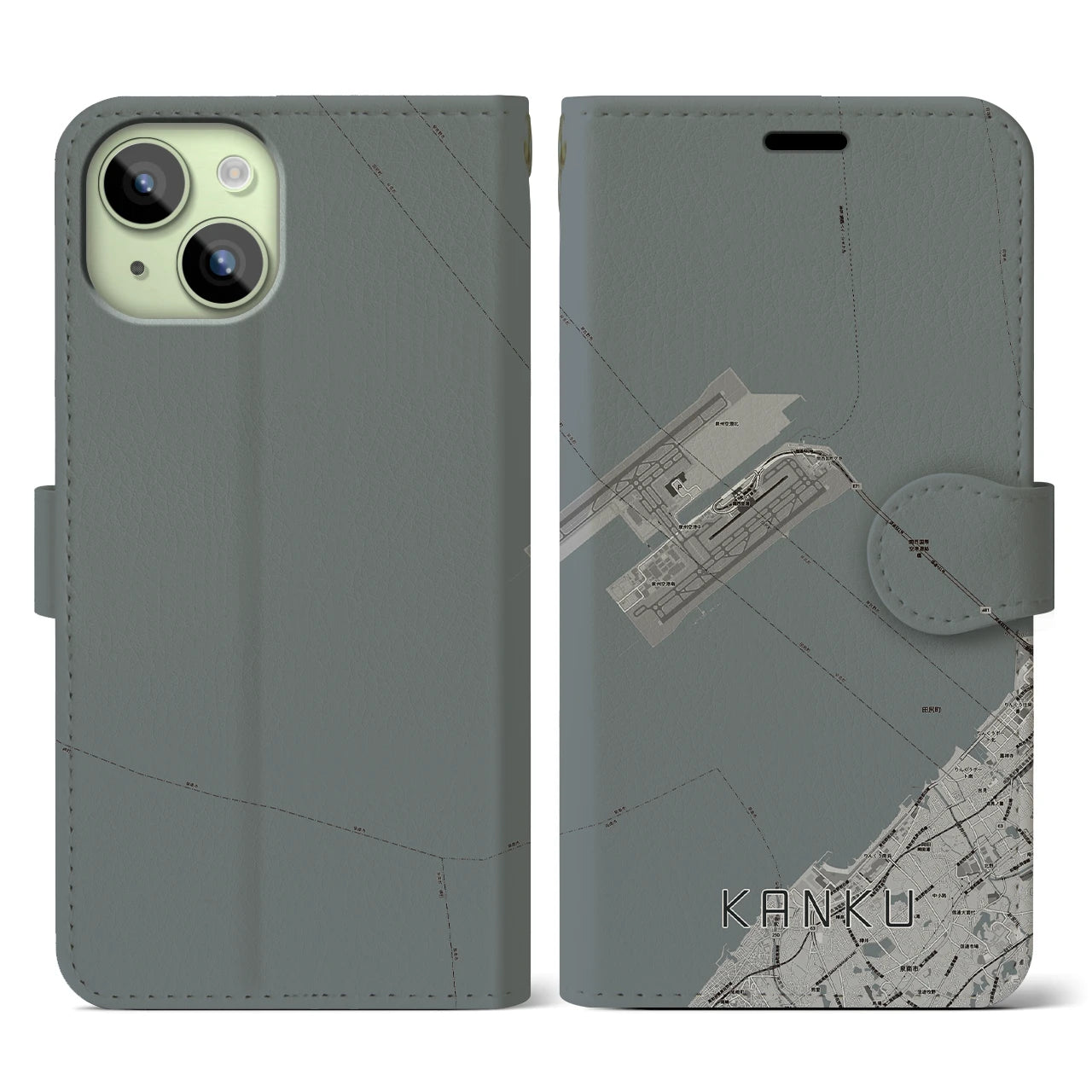 【関空(大阪府)】地図柄iPhoneケース(手帳タイプ)モノトーン・iPhone 15 用
