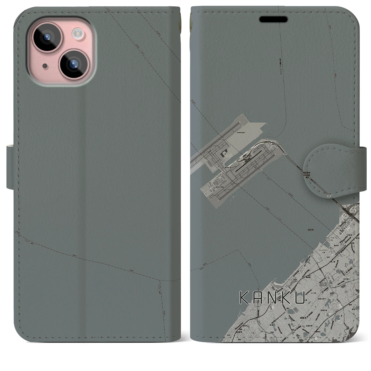 【関空(大阪府)】地図柄iPhoneケース(手帳タイプ)モノトーン・iPhone 15 Plus 用