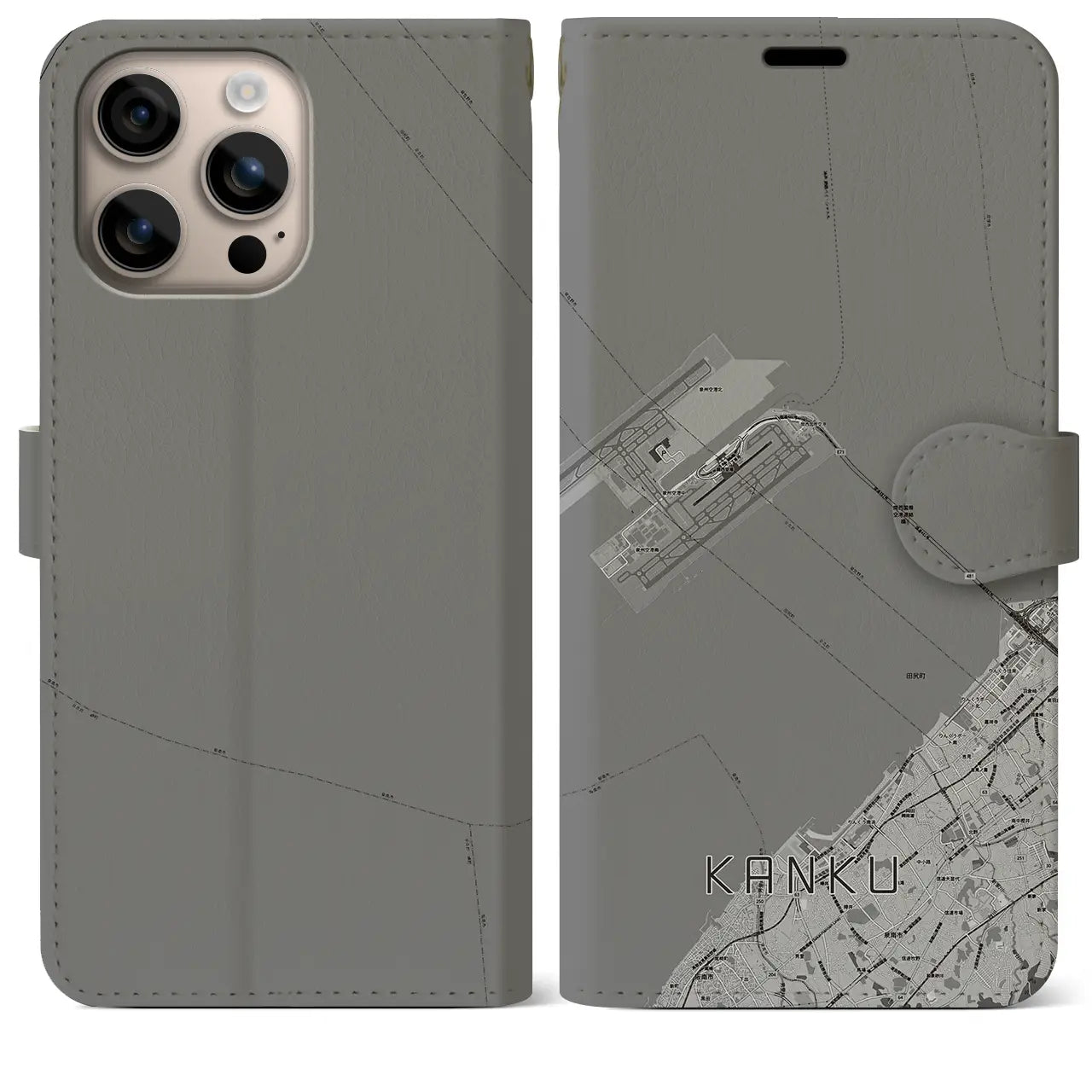 【関空(大阪府)】地図柄iPhoneケース(手帳タイプ)モノトーン・iPhone 16 Plus 用