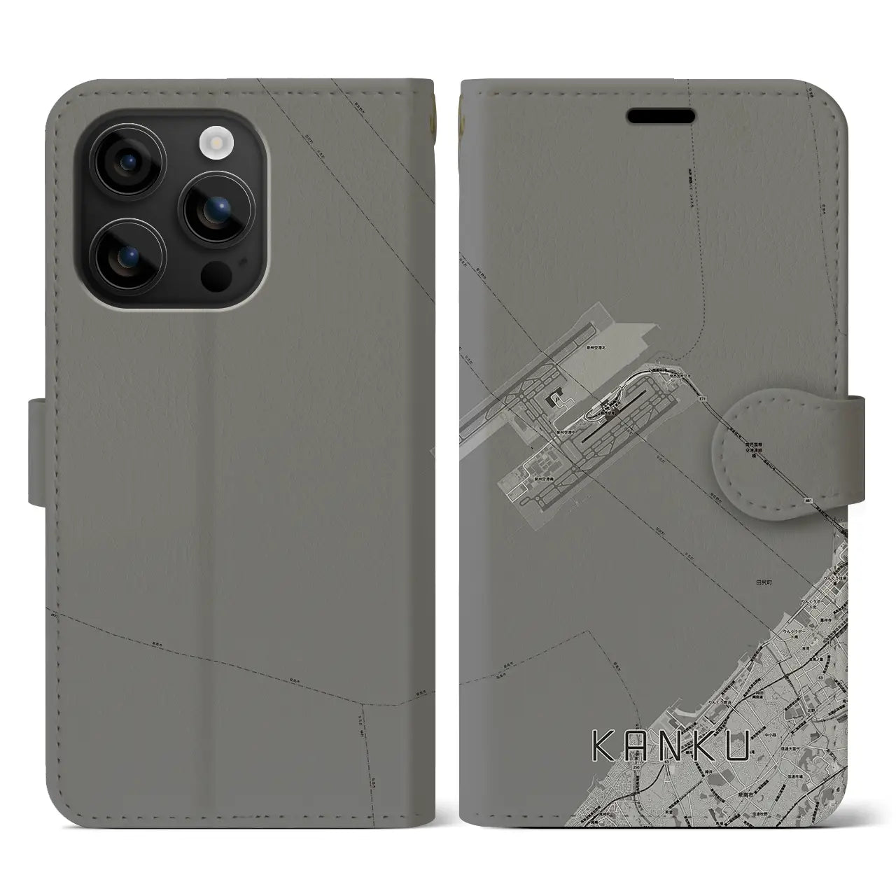 【関空(大阪府)】地図柄iPhoneケース(手帳タイプ)モノトーン・iPhone 16 用