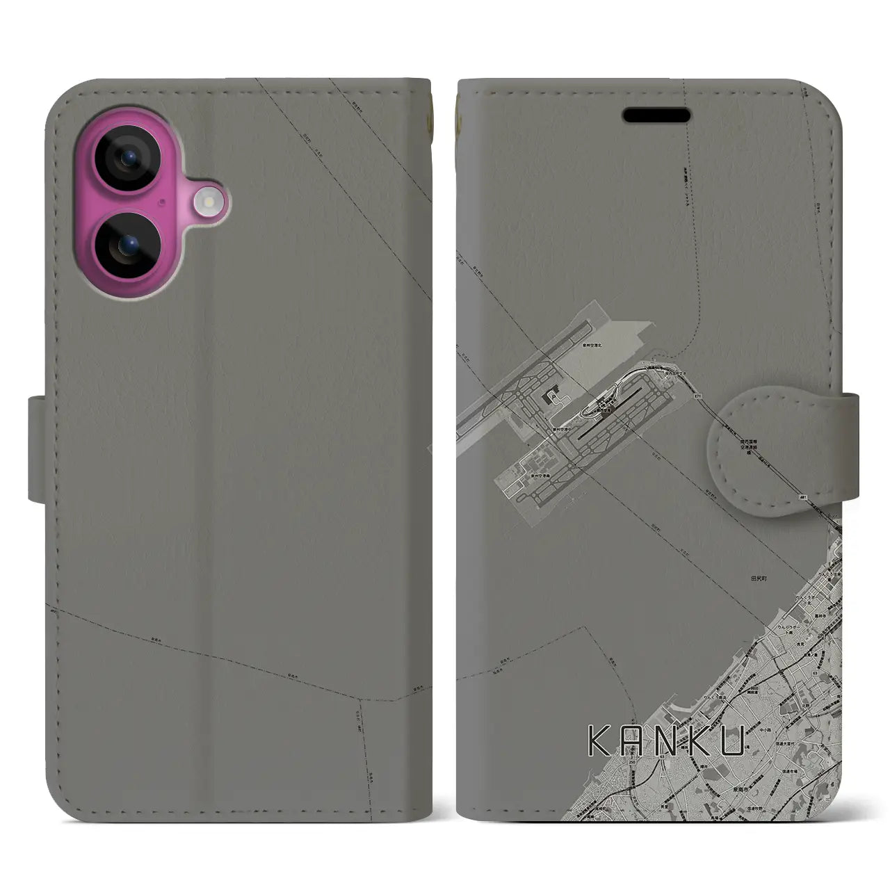 【関空(大阪府)】地図柄iPhoneケース(手帳タイプ)モノトーン・iPhone 16 Pro 用