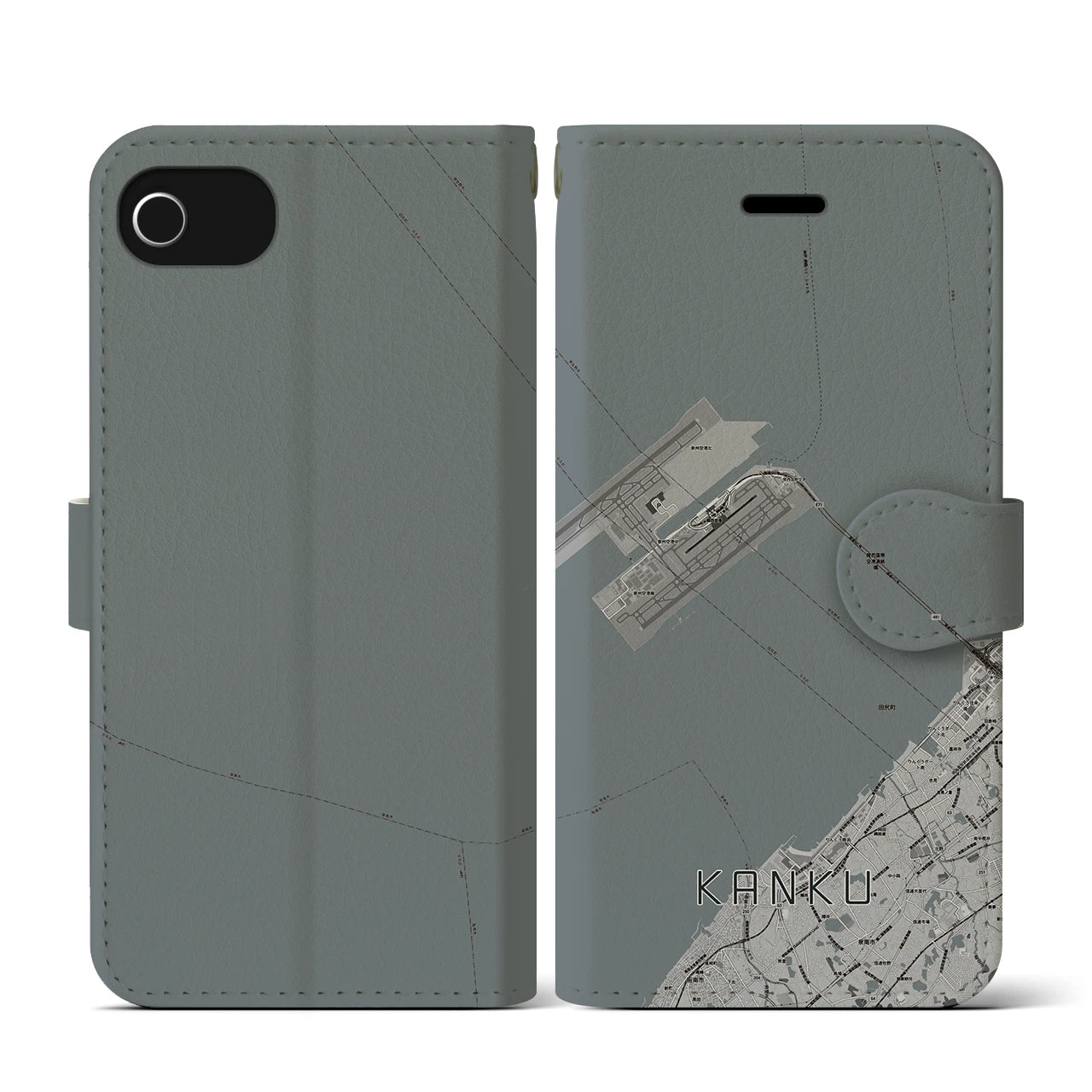 【関空(大阪府)】地図柄iPhoneケース(手帳タイプ)モノトーン・iPhone SE(第3 / 第2世代) / 8 / 7 / 6s / 6 用