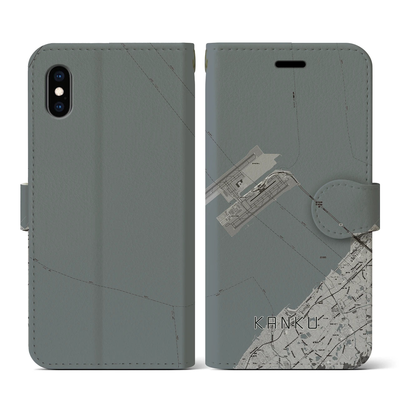 【関空(大阪府)】地図柄iPhoneケース(手帳タイプ)モノトーン・iPhone XS / X 用