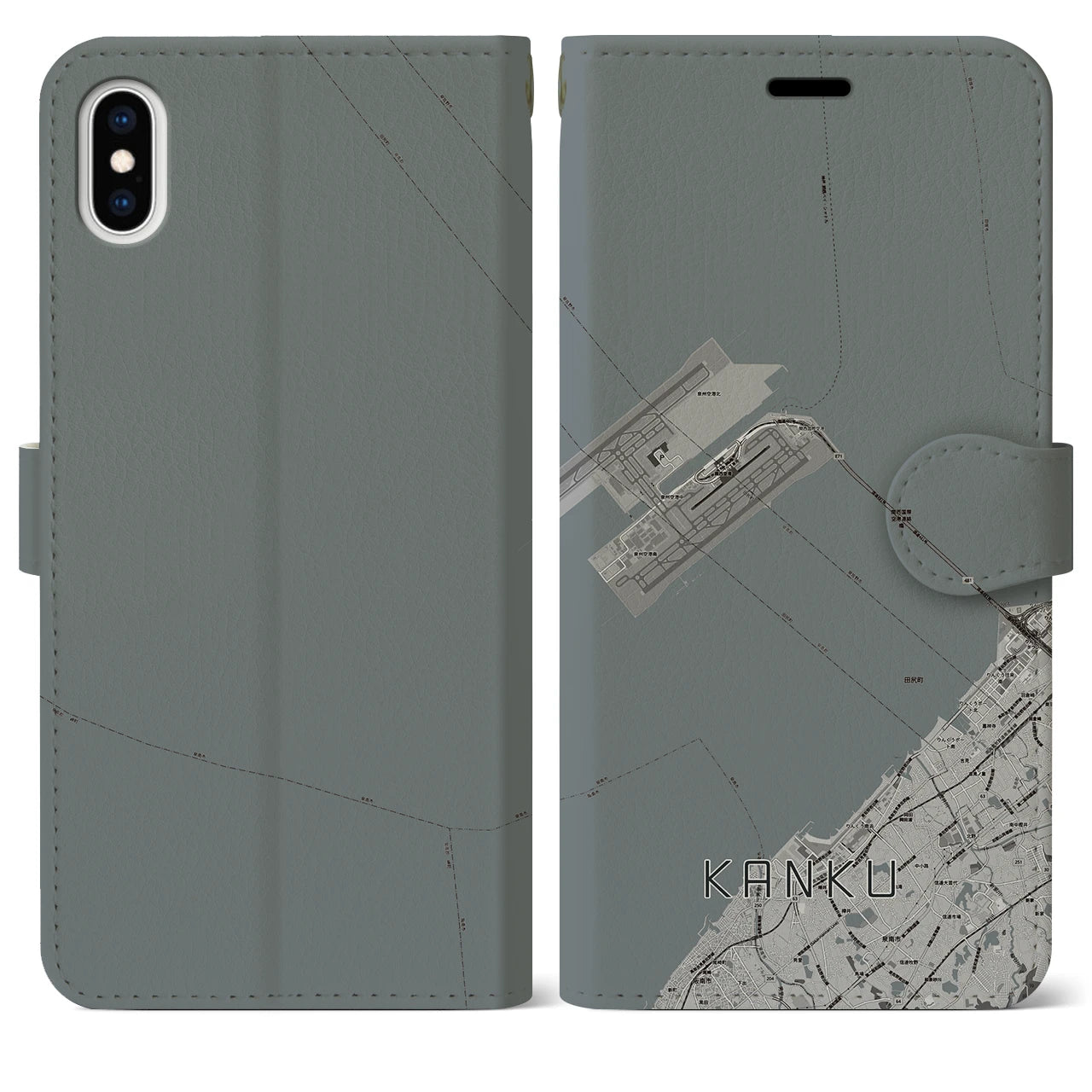 【関空(大阪府)】地図柄iPhoneケース(手帳タイプ)モノトーン・iPhone XS Max 用
