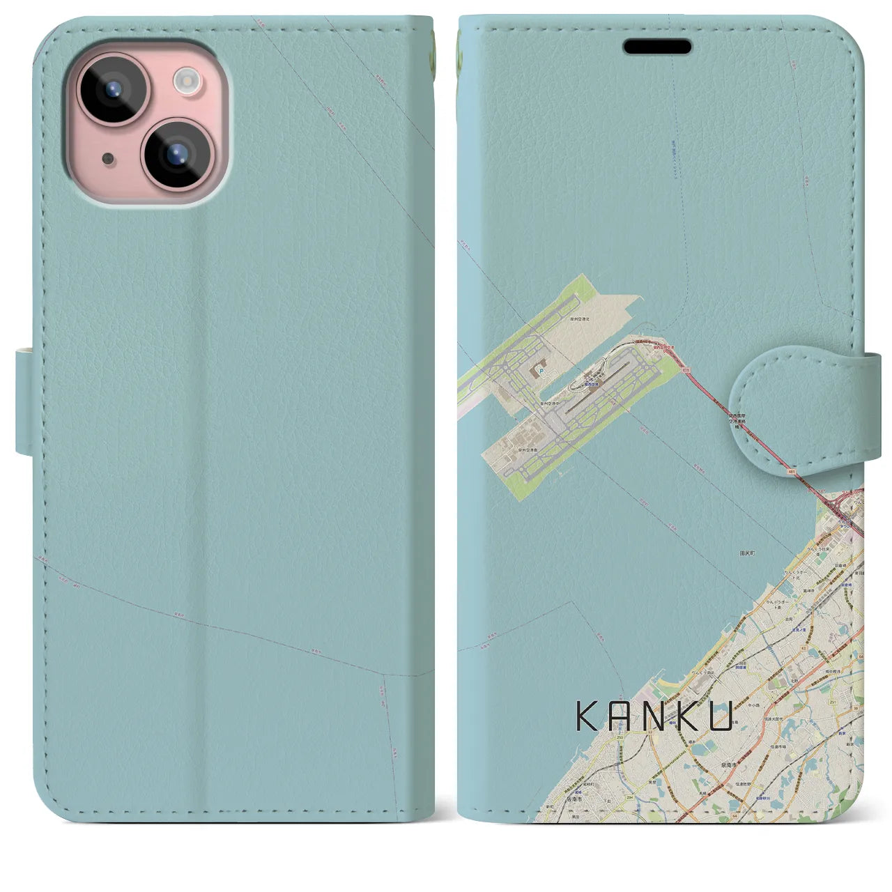 【関空(大阪府)】地図柄iPhoneケース(手帳タイプ)ナチュラル・iPhone 15 Plus 用