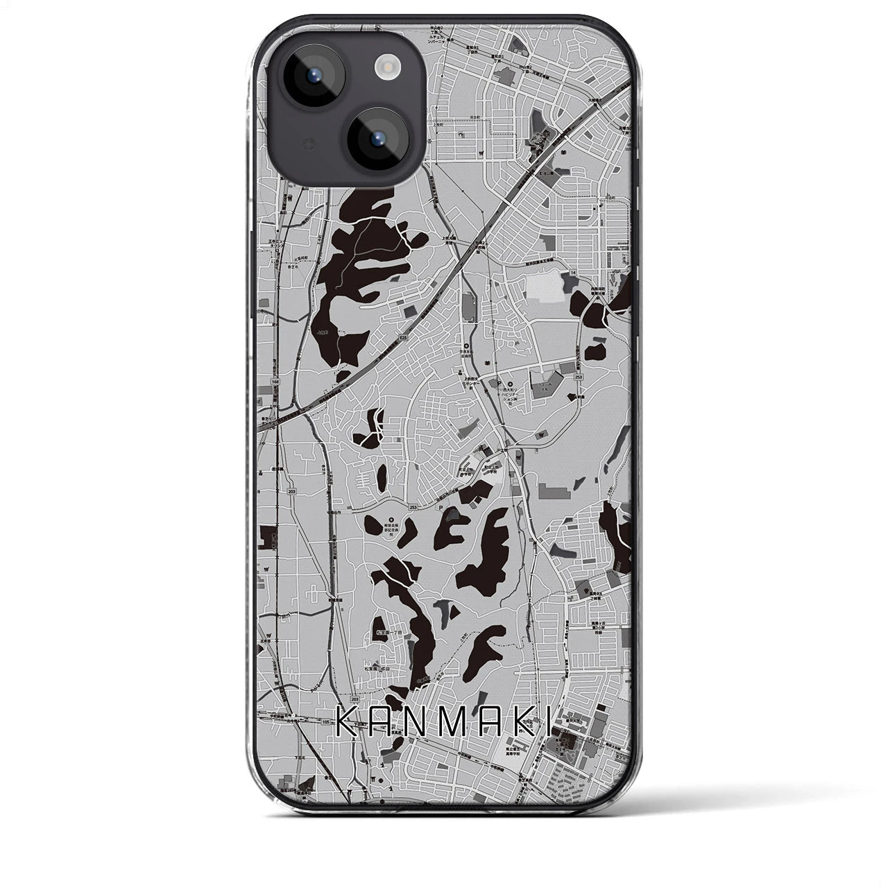 【上牧(奈良県)】地図柄iPhoneケース(クリアタイプ)モノトーン・iPhone 14 Plus 用