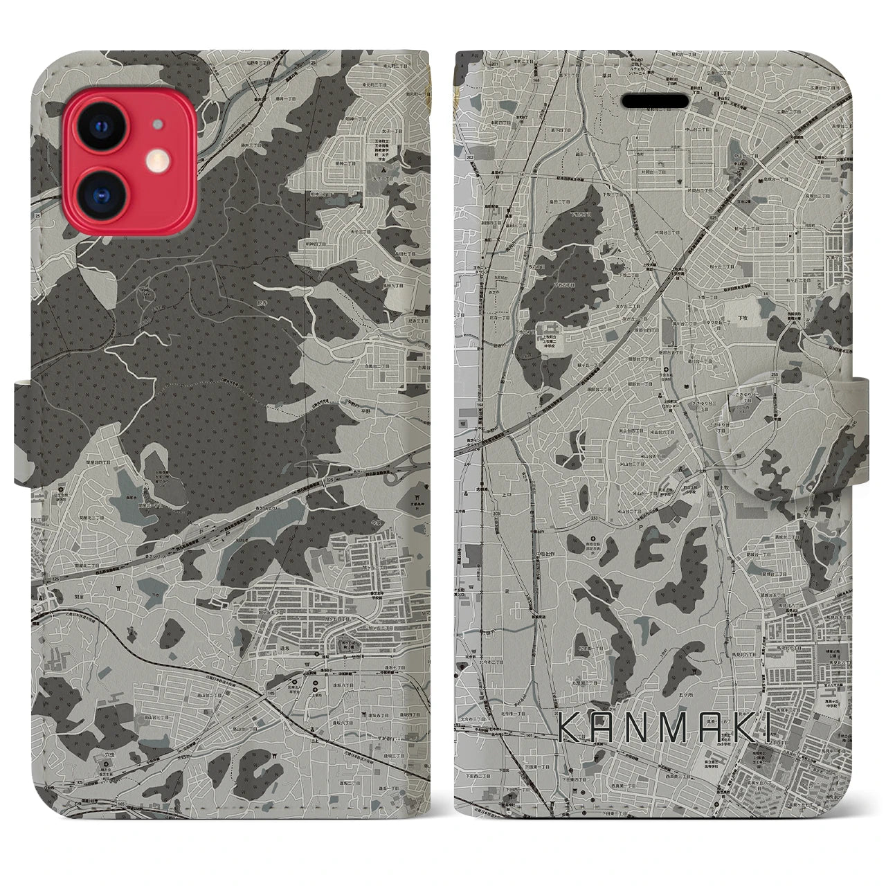【上牧(奈良県)】地図柄iPhoneケース(手帳タイプ)モノトーン・iPhone 11 用
