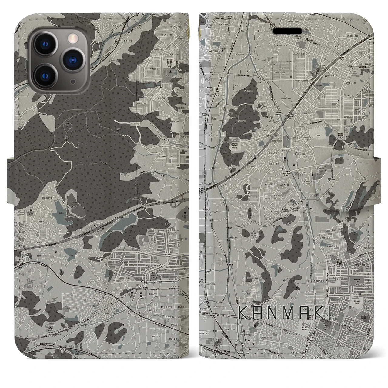 【上牧(奈良県)】地図柄iPhoneケース(手帳タイプ)モノトーン・iPhone 11 Pro Max 用