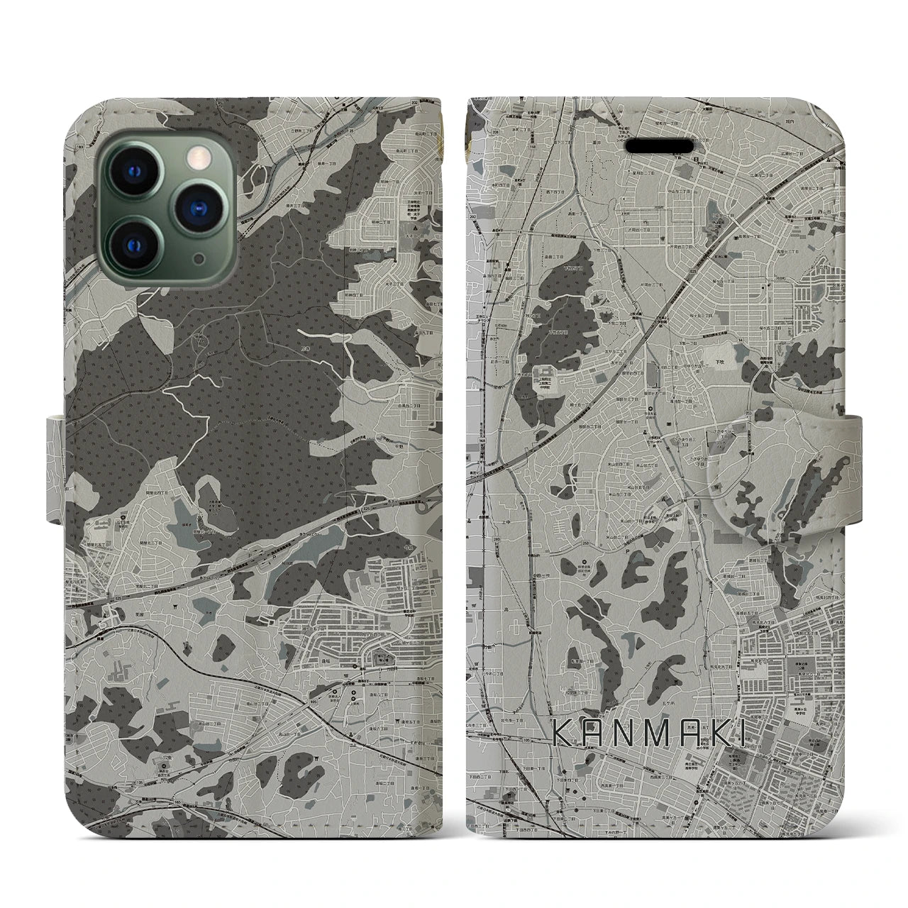 【上牧(奈良県)】地図柄iPhoneケース(手帳タイプ)モノトーン・iPhone 11 Pro 用