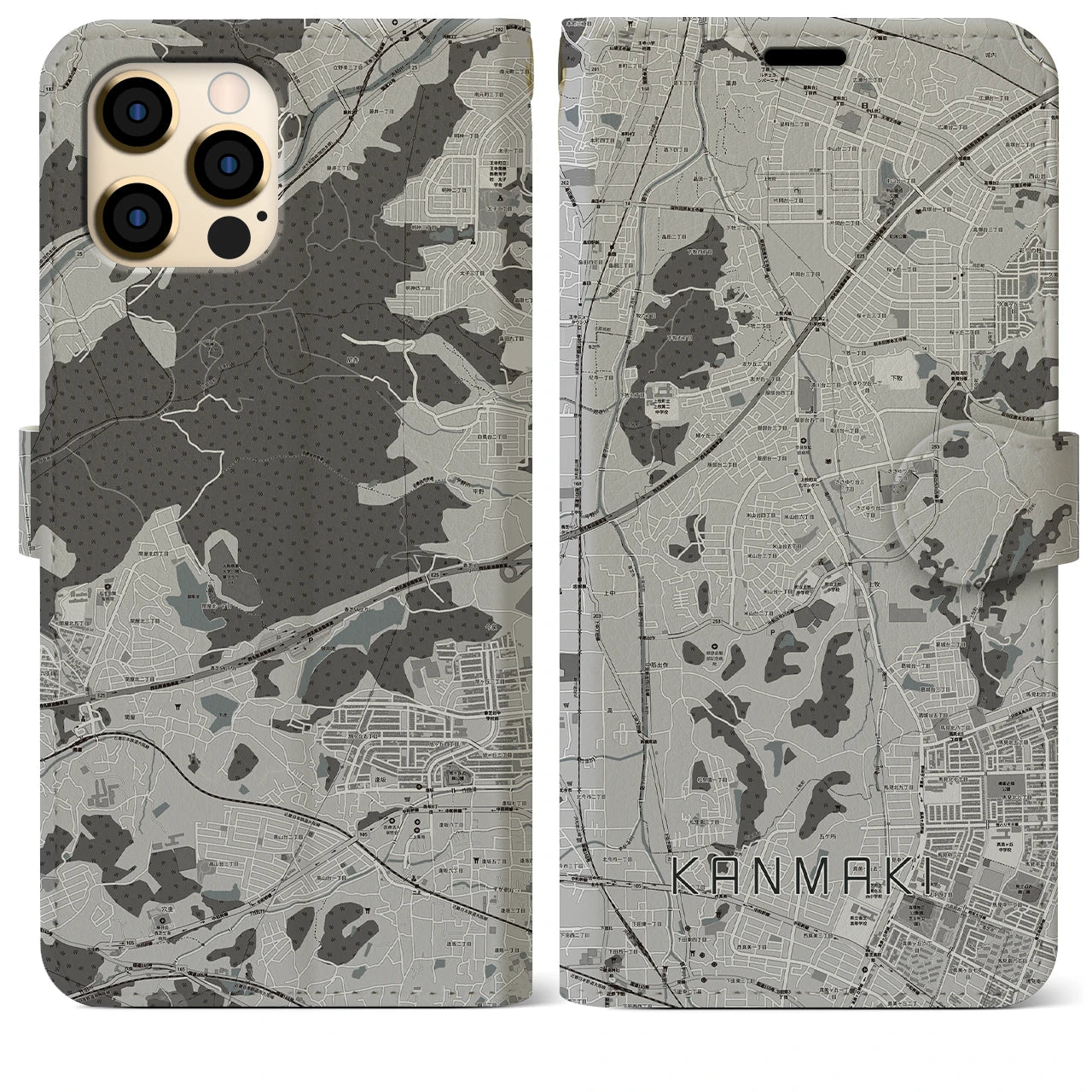 【上牧(奈良県)】地図柄iPhoneケース(手帳タイプ)モノトーン・iPhone 12 Pro Max 用