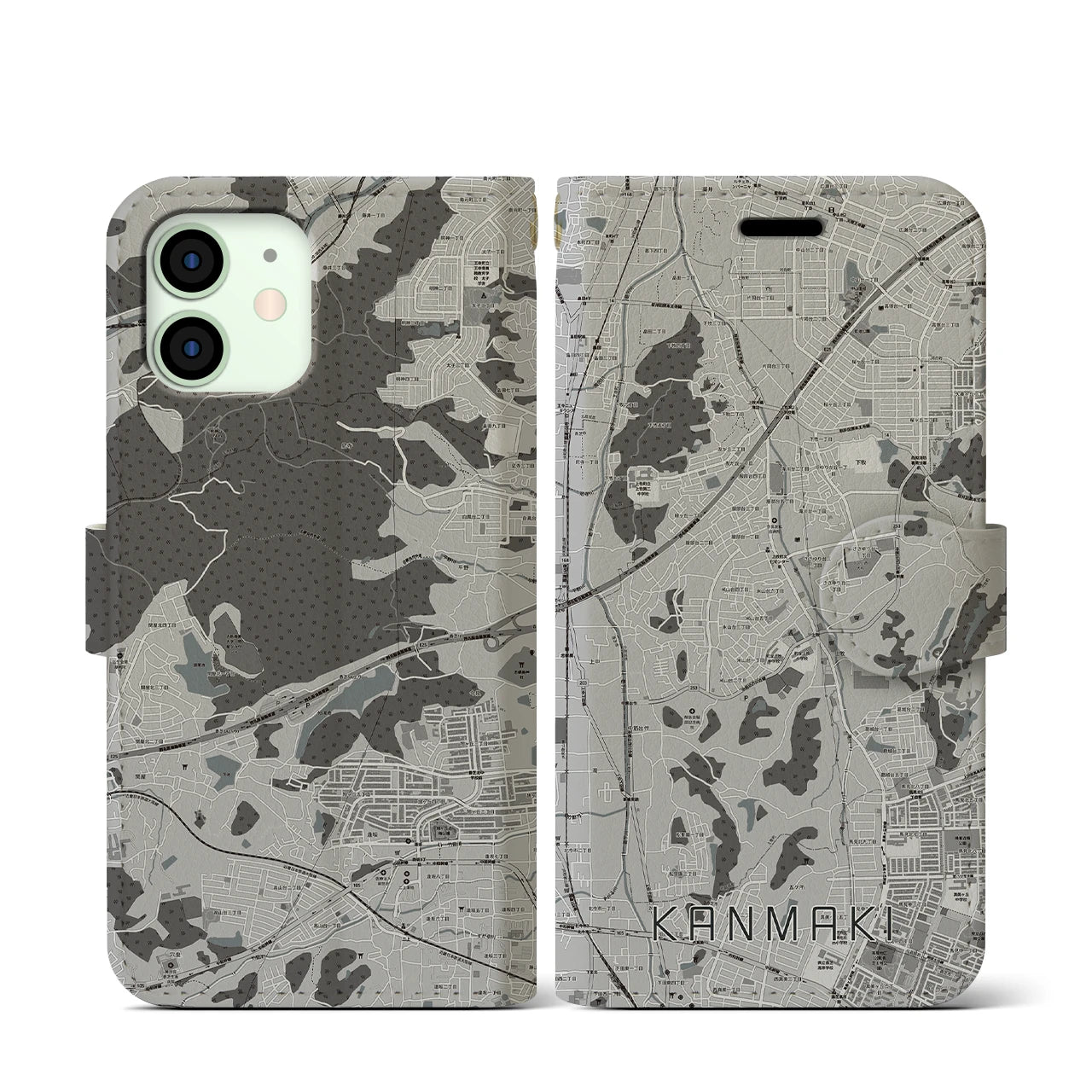 【上牧(奈良県)】地図柄iPhoneケース(手帳タイプ)モノトーン・iPhone 12 mini 用