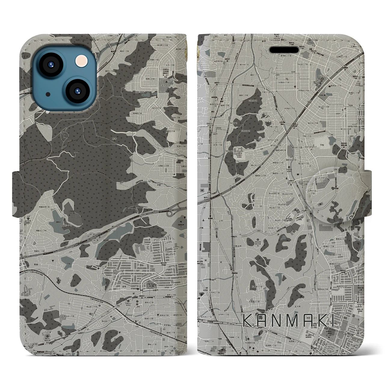 【上牧(奈良県)】地図柄iPhoneケース(手帳タイプ)モノトーン・iPhone 13 用