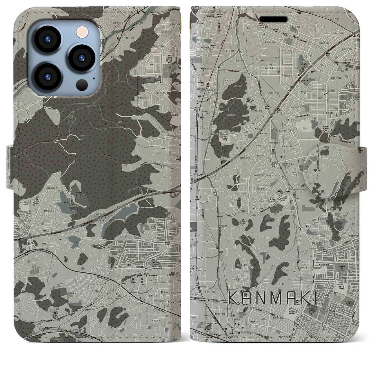 【上牧(奈良県)】地図柄iPhoneケース(手帳タイプ)モノトーン・iPhone 13 Pro Max 用
