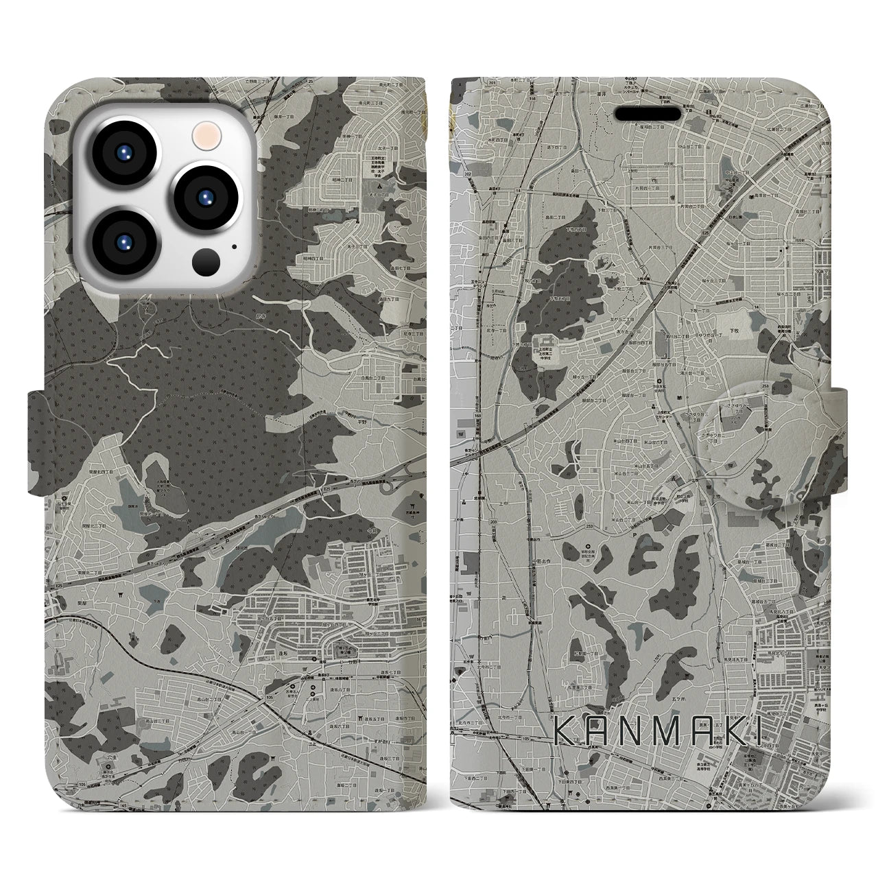 【上牧(奈良県)】地図柄iPhoneケース(手帳タイプ)モノトーン・iPhone 13 Pro 用