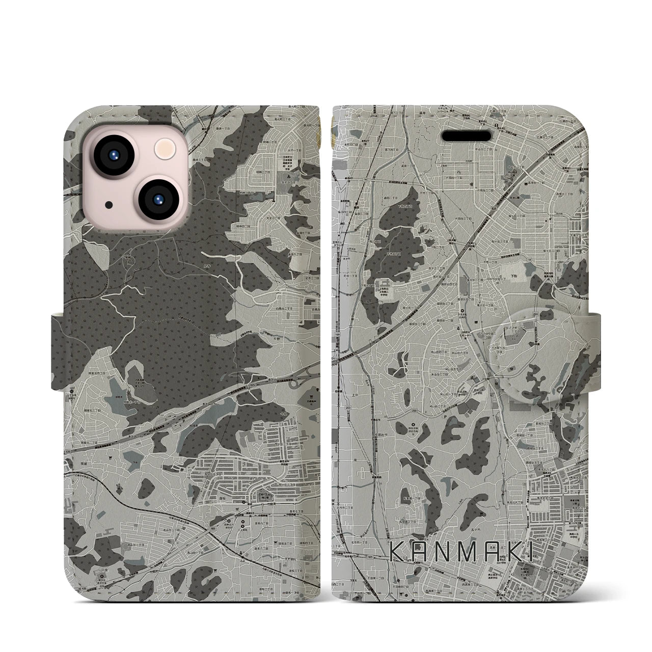 【上牧(奈良県)】地図柄iPhoneケース(手帳タイプ)モノトーン・iPhone 13 mini 用
