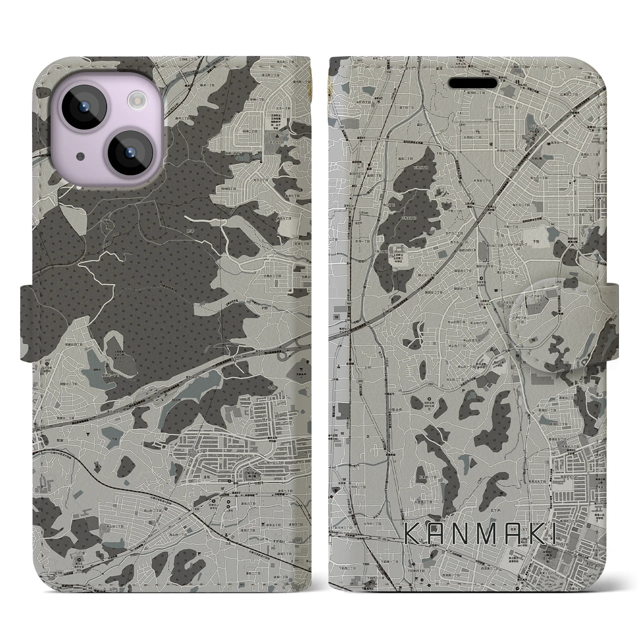 【上牧(奈良県)】地図柄iPhoneケース(手帳タイプ)モノトーン・iPhone 14 用