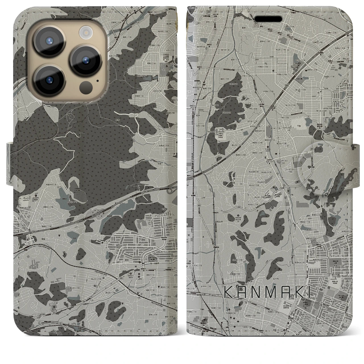 【上牧(奈良県)】地図柄iPhoneケース(手帳タイプ)モノトーン・iPhone 14 Pro Max 用
