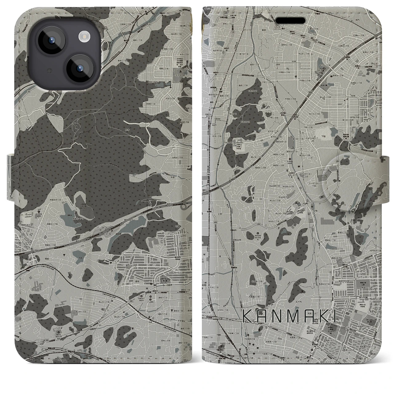 【上牧(奈良県)】地図柄iPhoneケース(手帳タイプ)モノトーン・iPhone 14 Plus 用