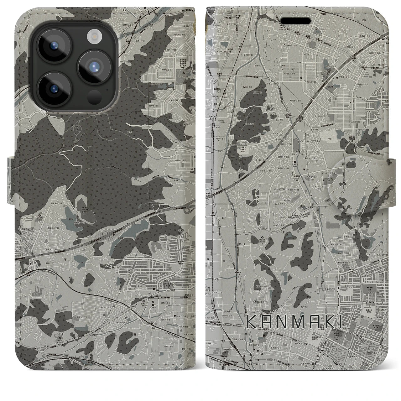 【上牧(奈良県)】地図柄iPhoneケース(手帳タイプ)モノトーン・iPhone 15 Pro Max 用