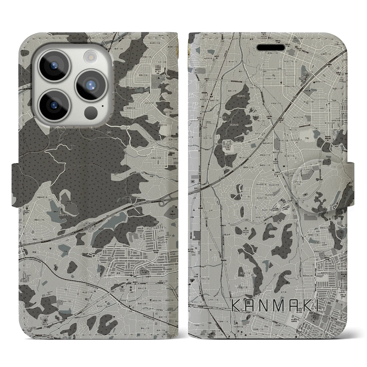 【上牧(奈良県)】地図柄iPhoneケース(手帳タイプ)モノトーン・iPhone 15 Pro 用