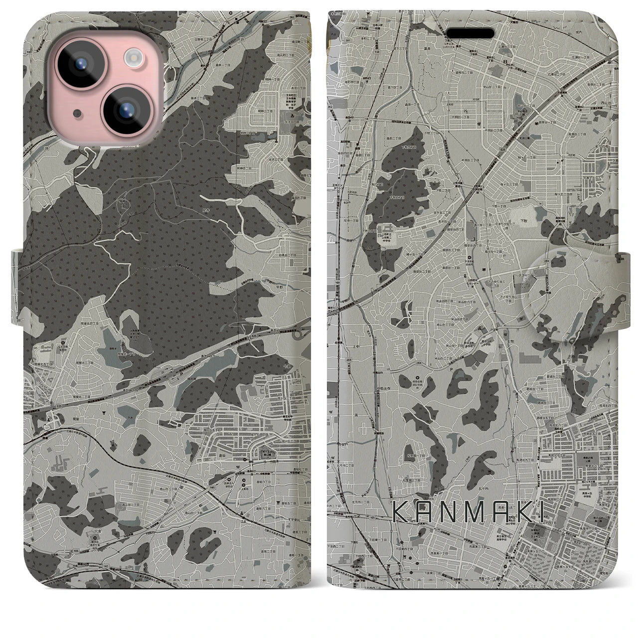 【上牧(奈良県)】地図柄iPhoneケース(手帳タイプ)モノトーン・iPhone 15 Plus 用